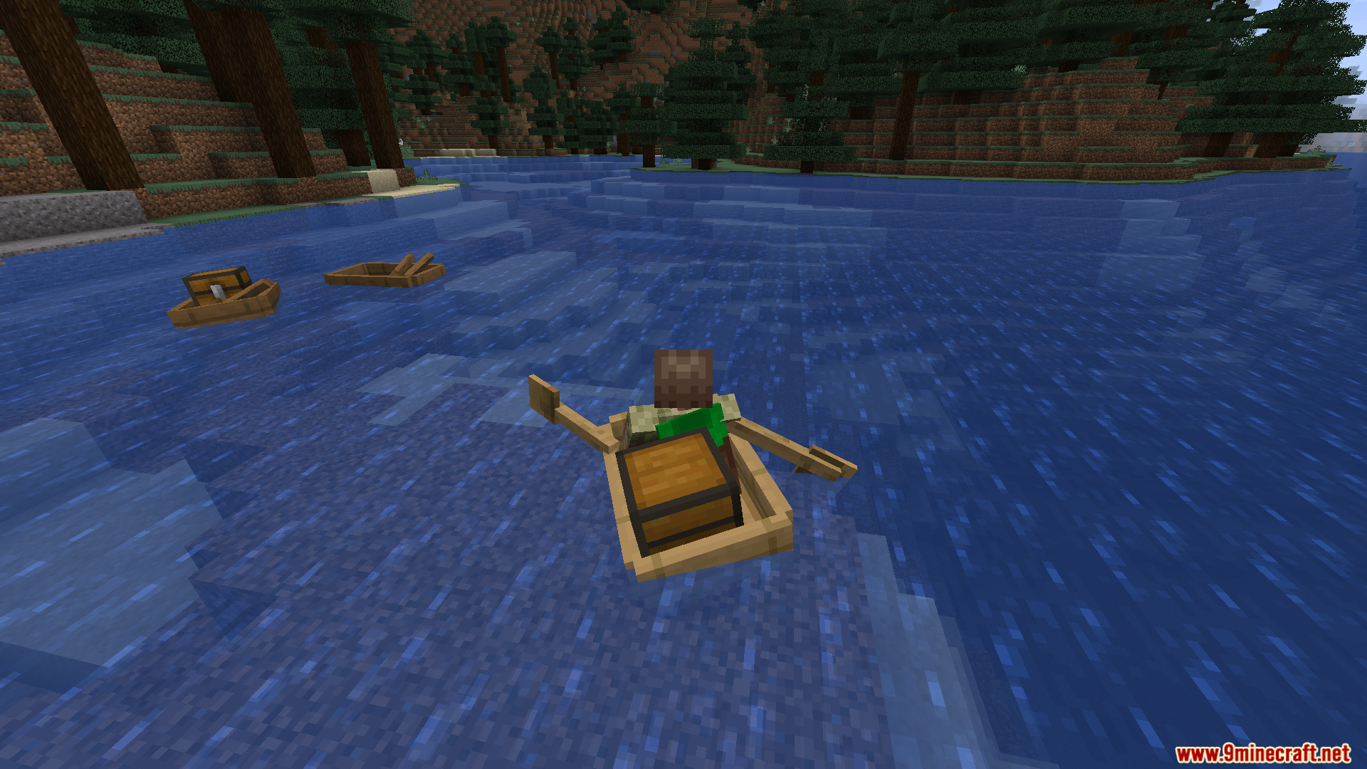 Player rowing a wooden boat with a chest across the water