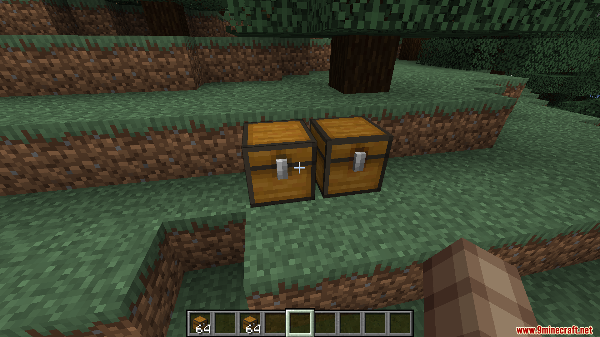 Two standard wooden chests placed side by side on a grassy hill