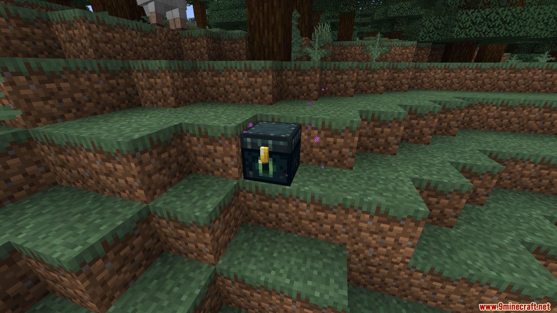 A single ender chest sitting on a grassy hill with purple particles