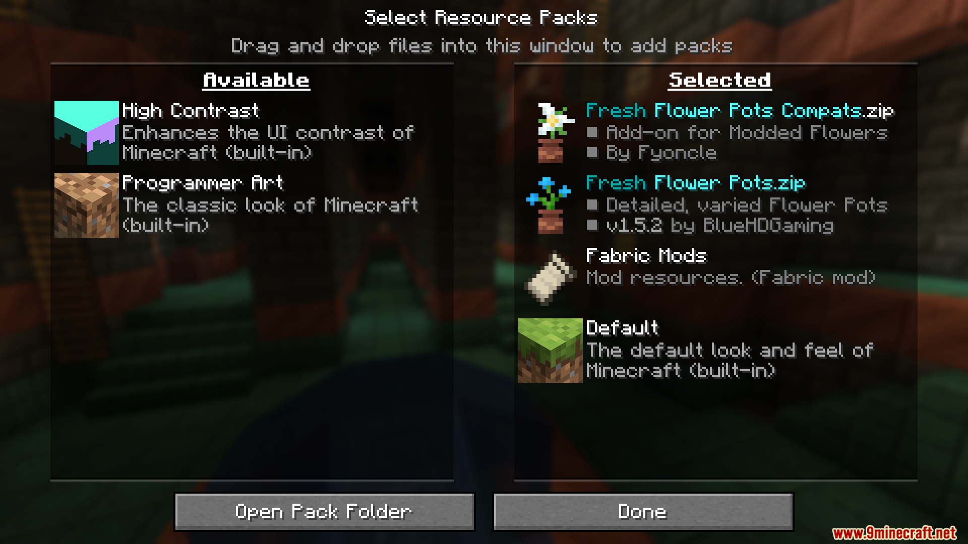 Minecraft resource pack menu showing Fresh Flower Pots Compats selected