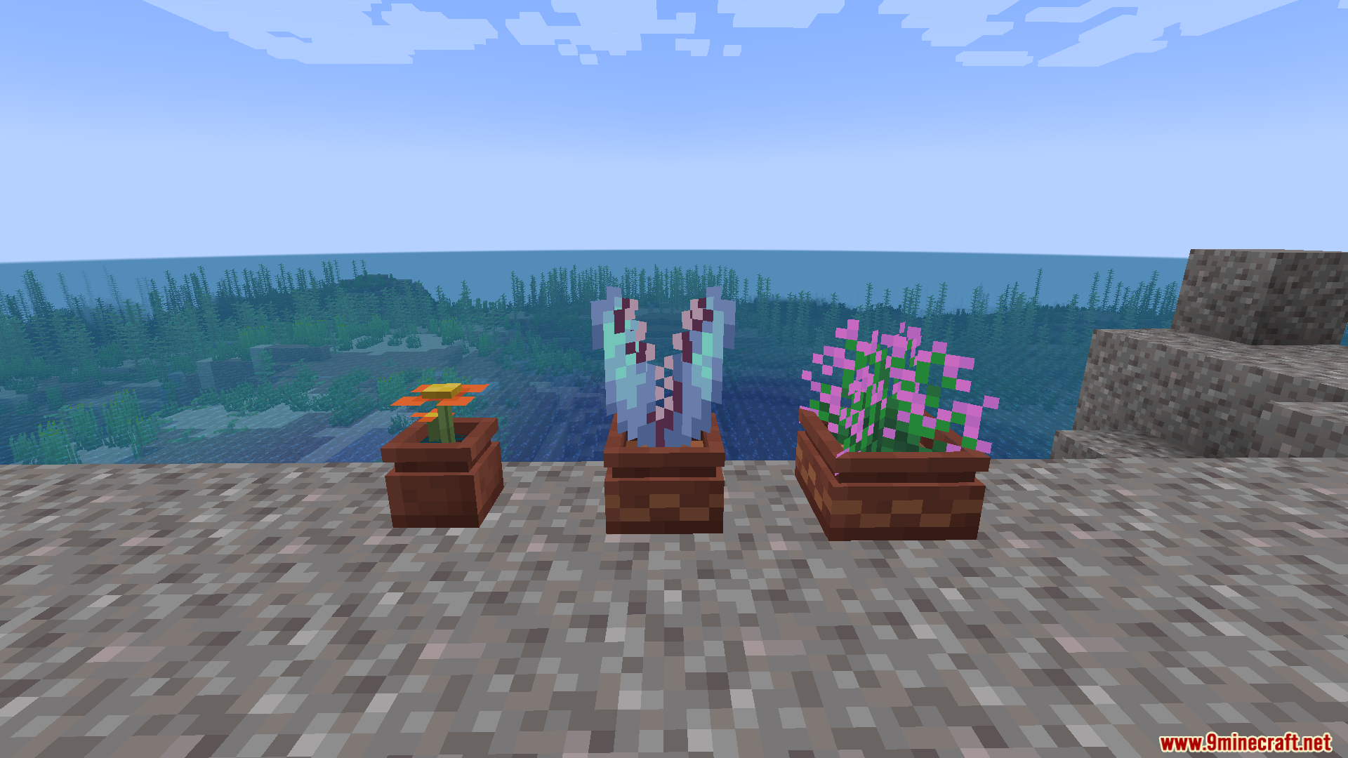 Various modded plants including a large carnivorous one in custom flower pots