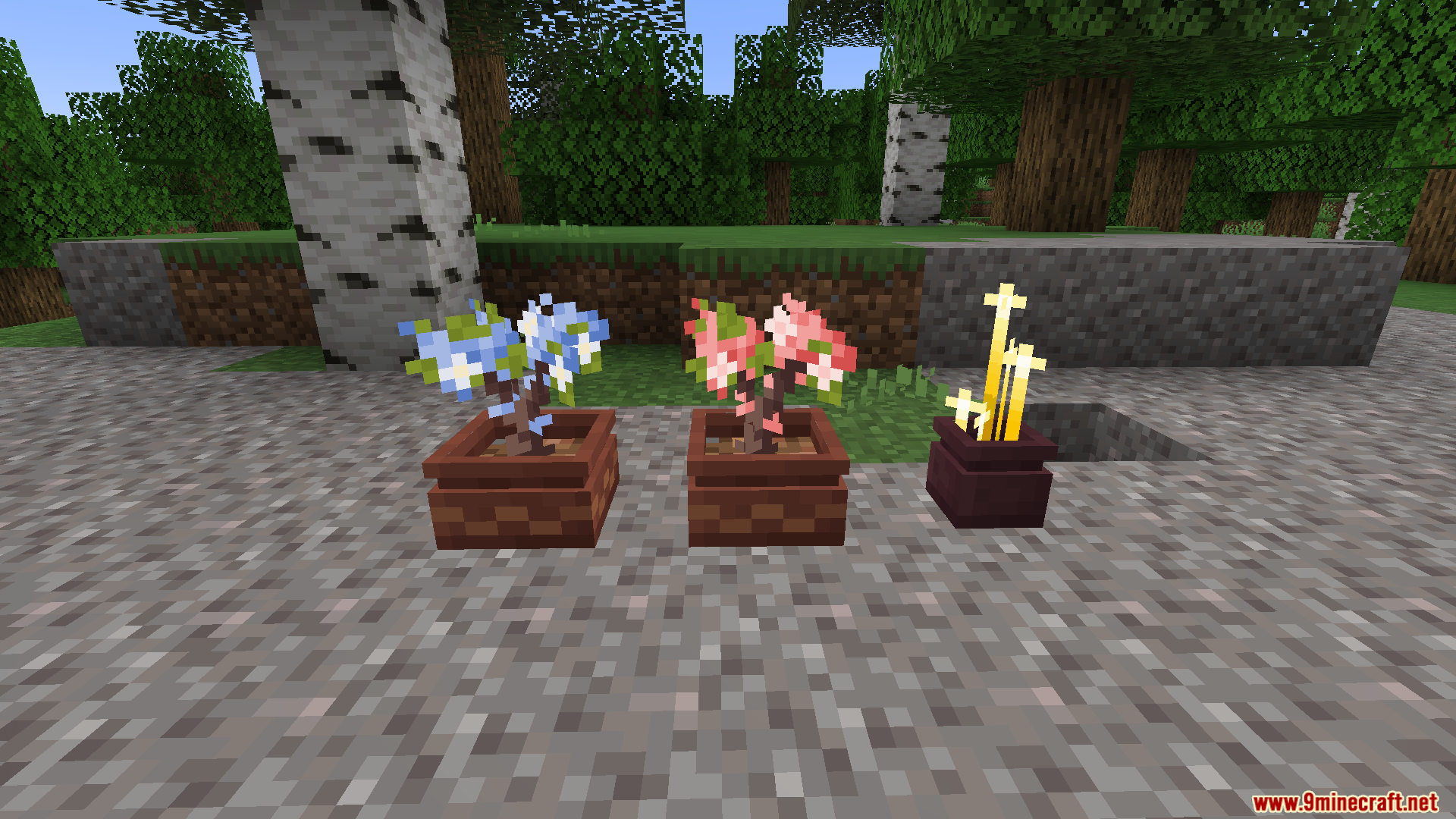 Modded blue pink and yellow plants in custom flower pots