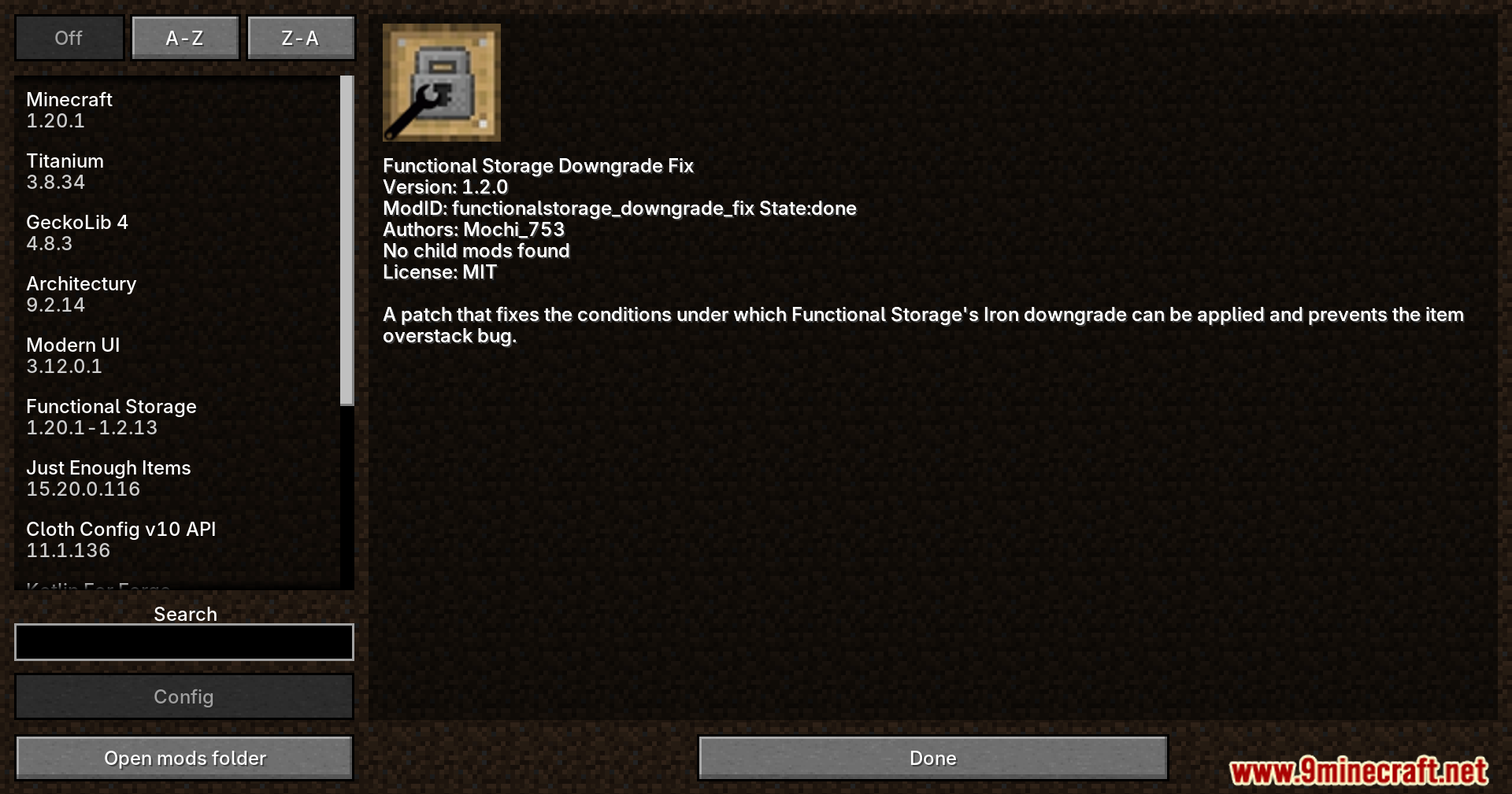 Functional Storage Downgrade Fix Mod Screenshot 1 Mod menu showing details for a downgrade fix patch