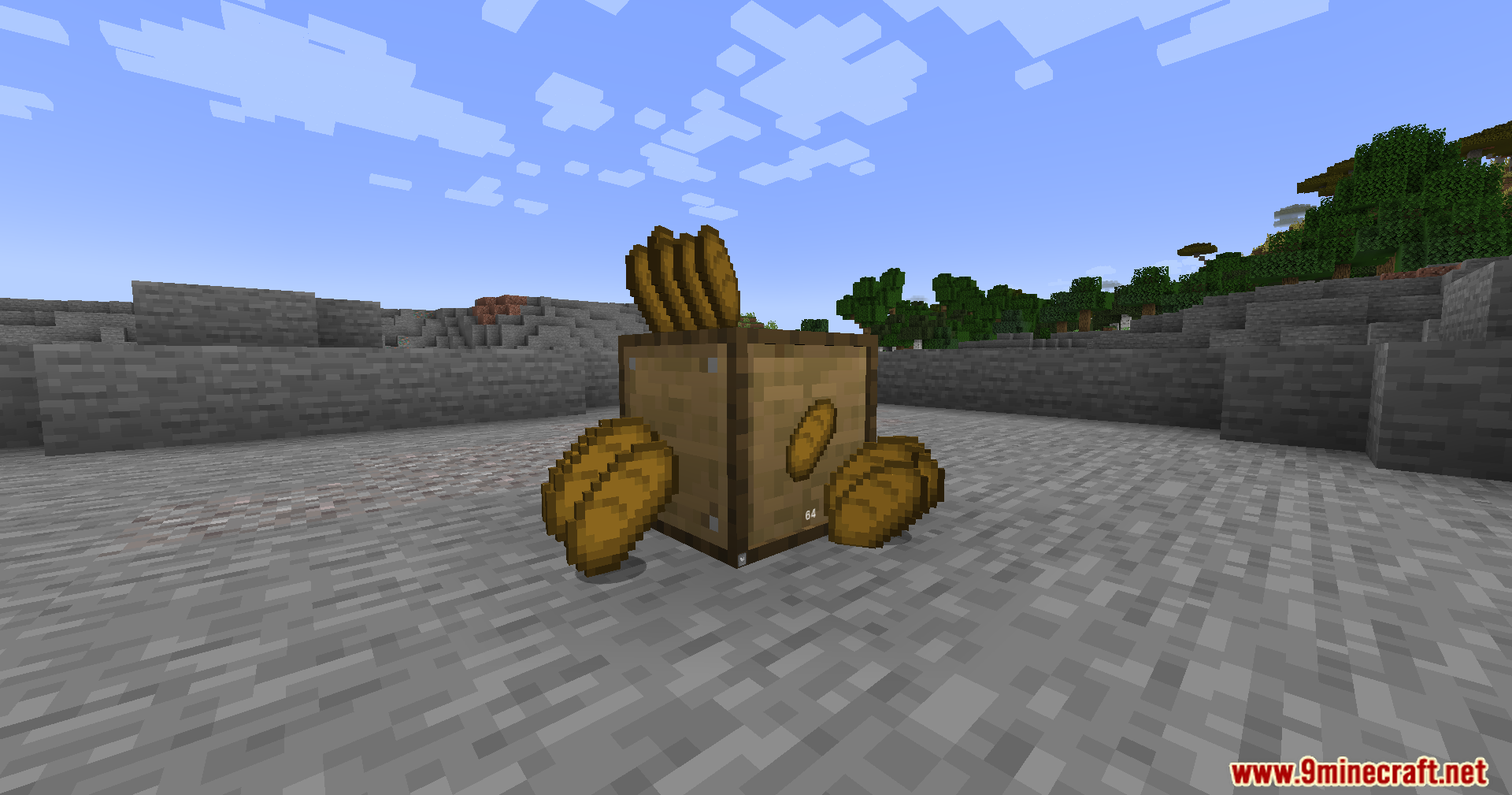 Functional Storage Downgrade Fix Mod Screenshot 8 Bread items floating around a wooden storage block in Minecraft
