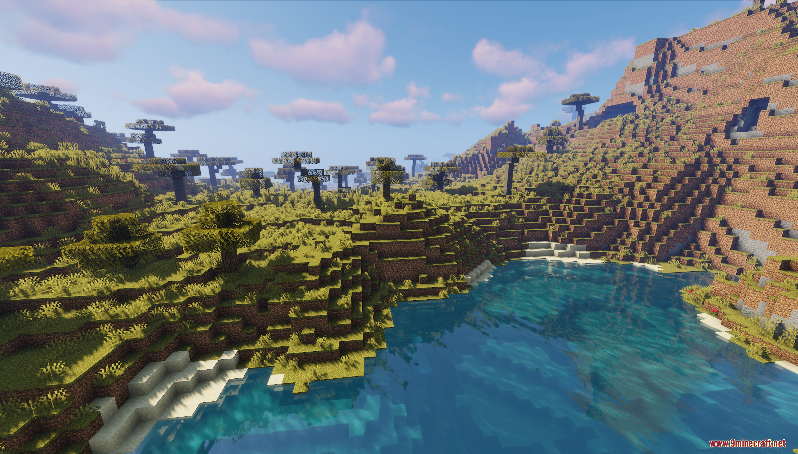 A sprawling savanna biome on a terraced mountainside