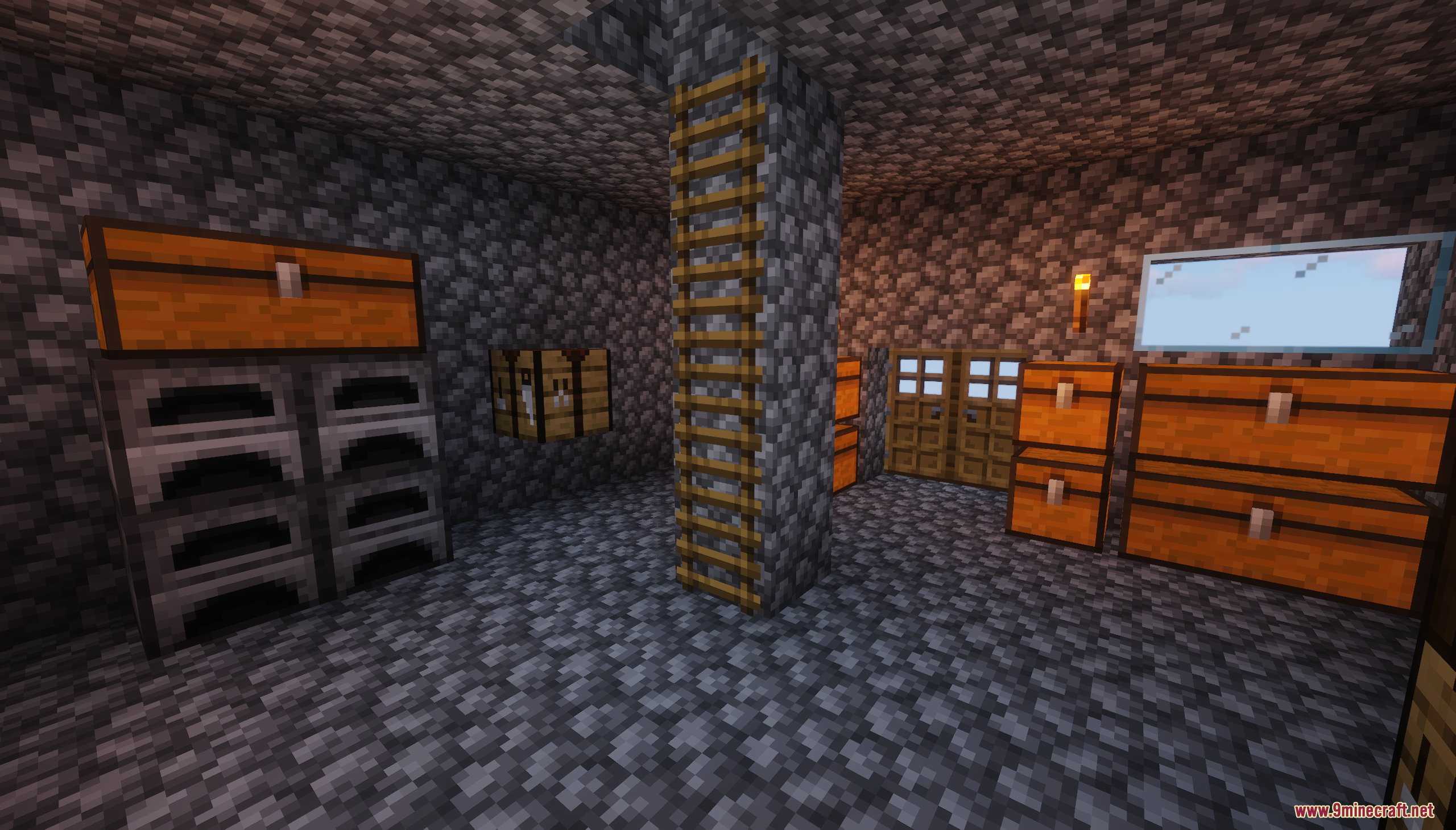 A cobblestone basement with furnaces, chests, and a ladder