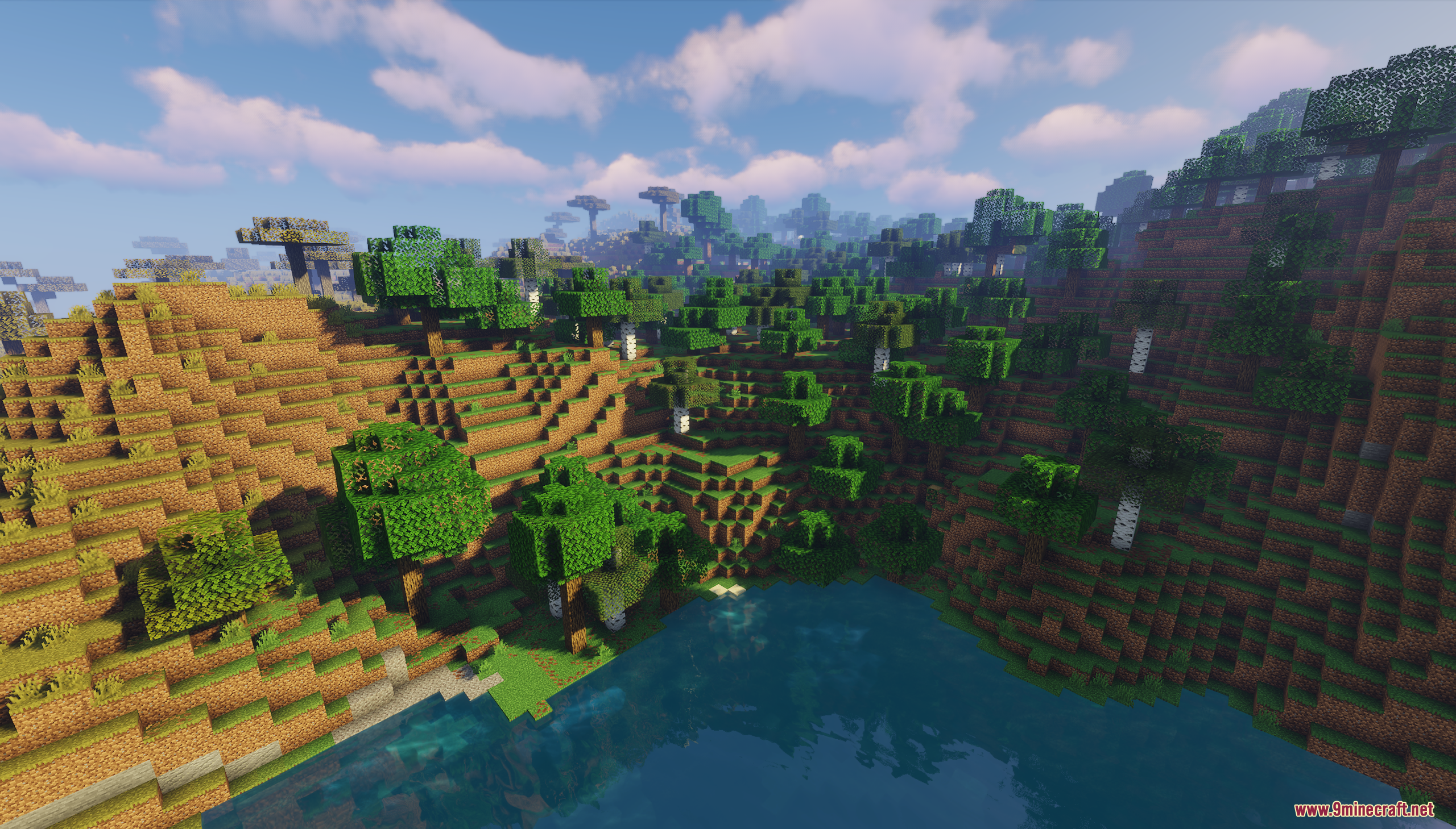 A lush, terraced landscape with a variety of trees