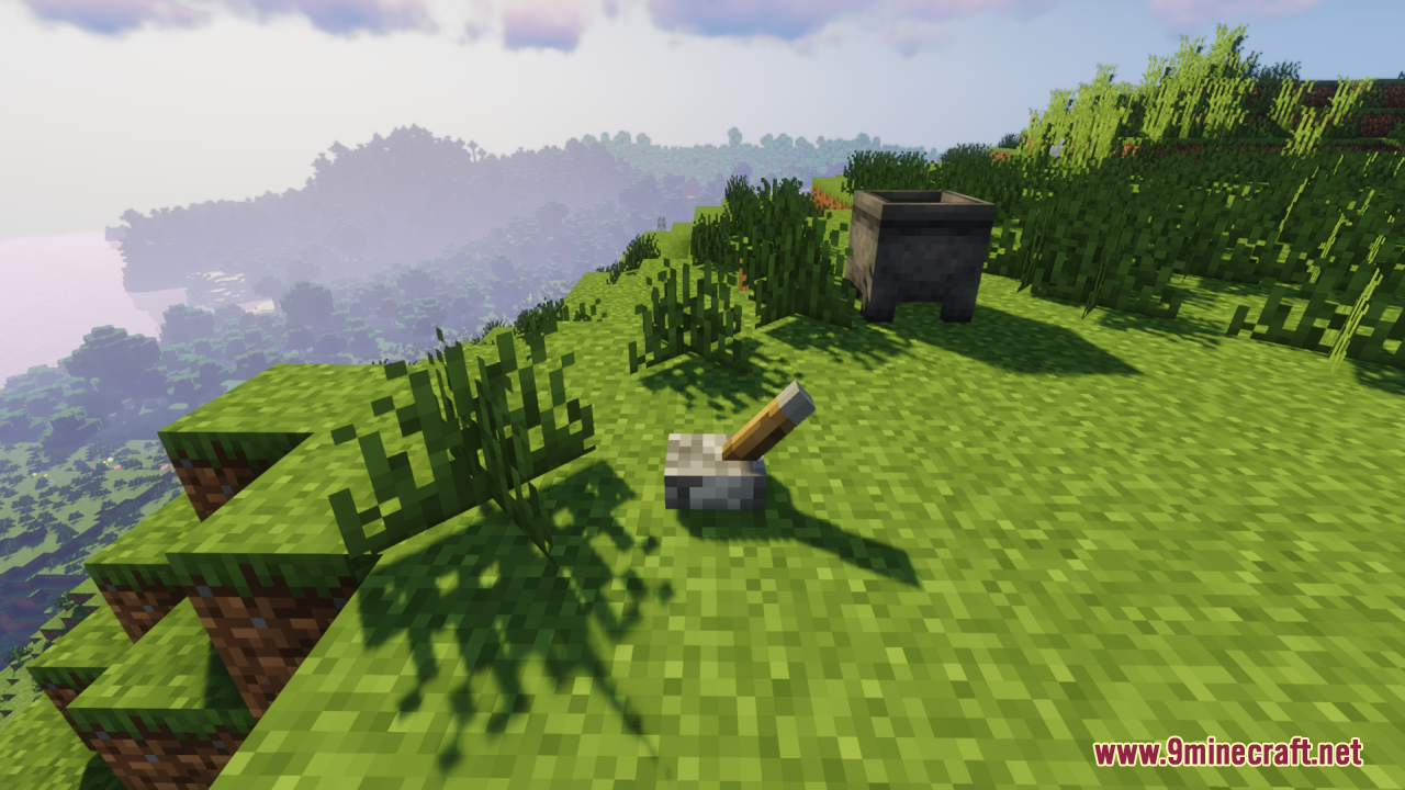 A 3D lever and cauldron on a grassy hill