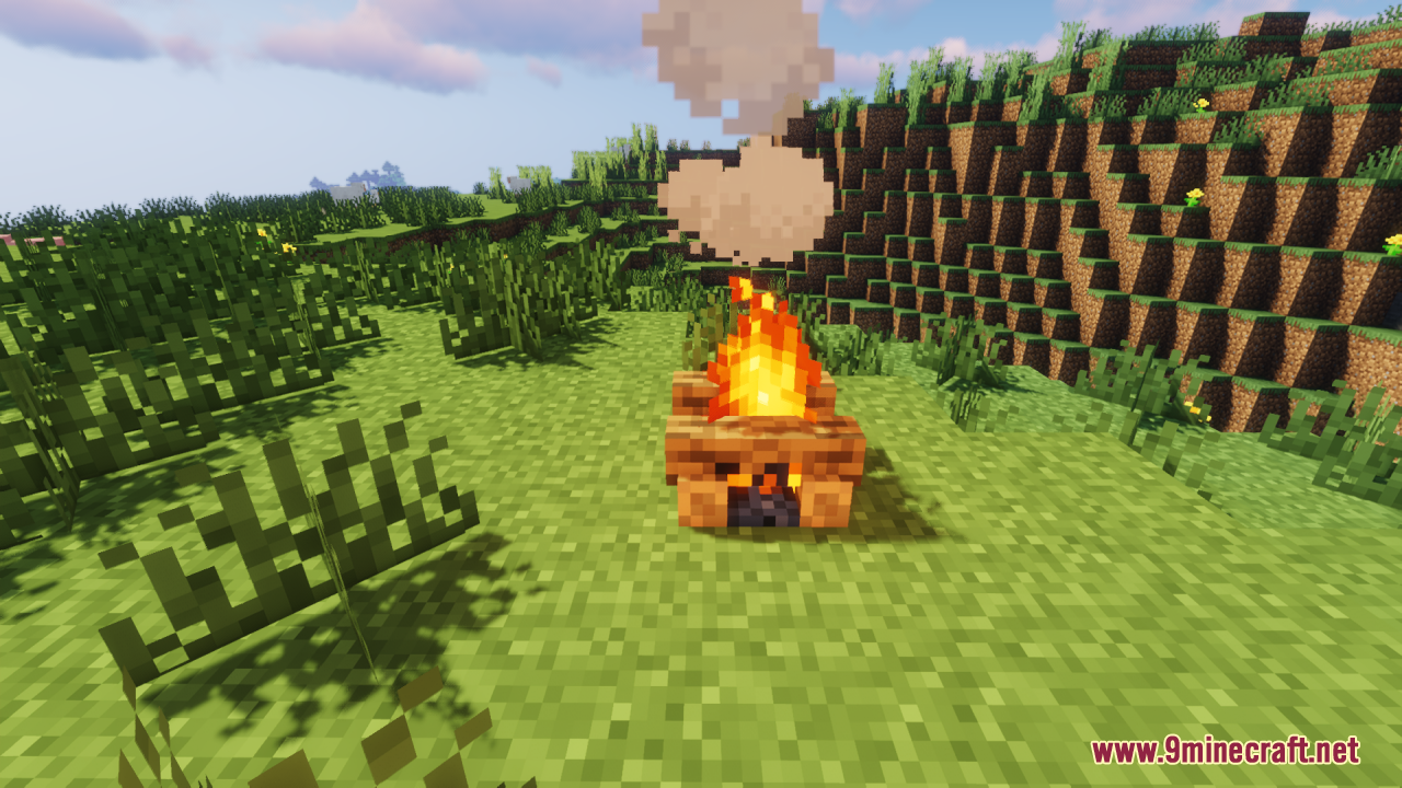 A standard campfire burning in a grassy Minecraft biome