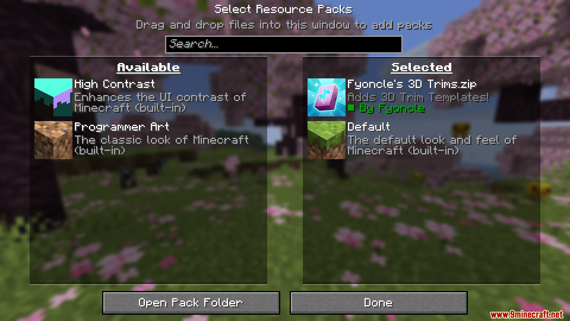 Fyoncles 3D Trims Resource Pack Screenshot 1 Selecting the Fyoncles 3D Trims resource pack in the Minecraft settings menu