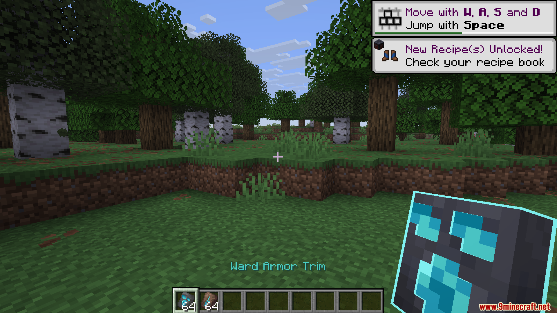 Fyoncles 3D Trims Resource Pack Screenshot 2 Player holding a glowing 3D Ward Armor Trim in a grassy forest area