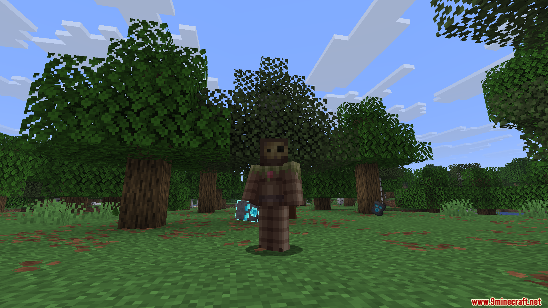Fyoncles 3D Trims Resource Pack Screenshot 4 Player standing in a forest holding a glowing 3D armor trim template