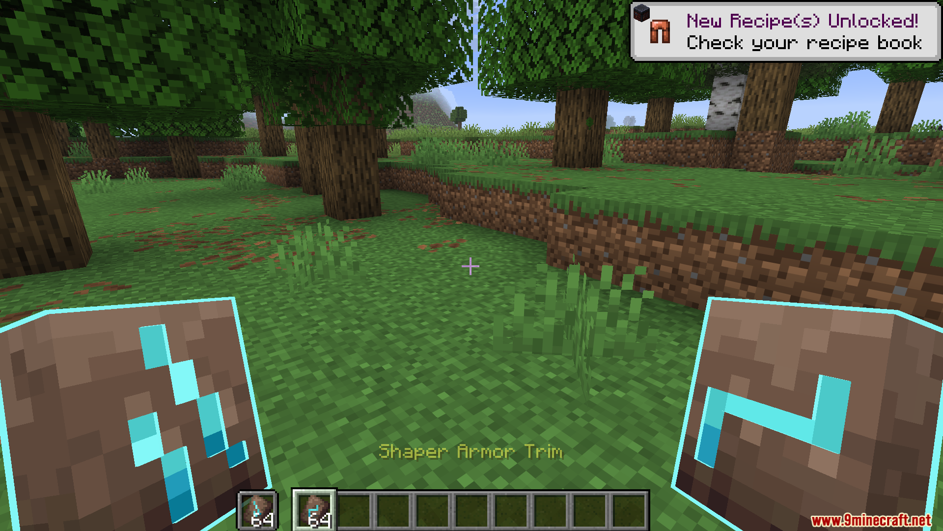 Fyoncles 3D Trims Resource Pack Screenshot 5 Player holding 3D Shaper Armor Trim templates in a forest biome