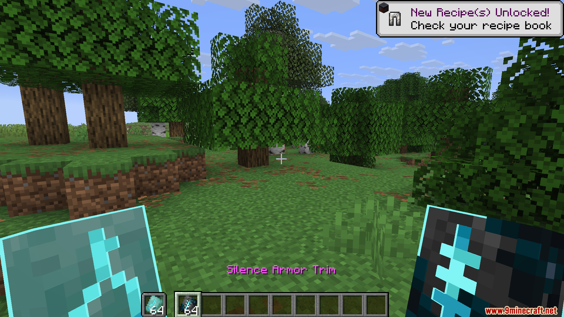 Fyoncles 3D Trims Resource Pack Screenshot 6 Player holding 3D Silence Armor Trim templates in a forest area