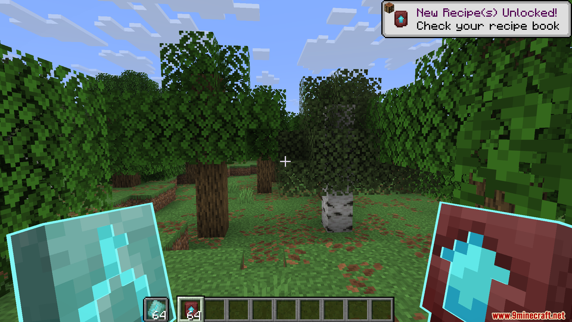 Fyoncles 3D Trims Resource Pack Screenshot 7 Player holding 3D armor trim templates with glowing outlines in a forest