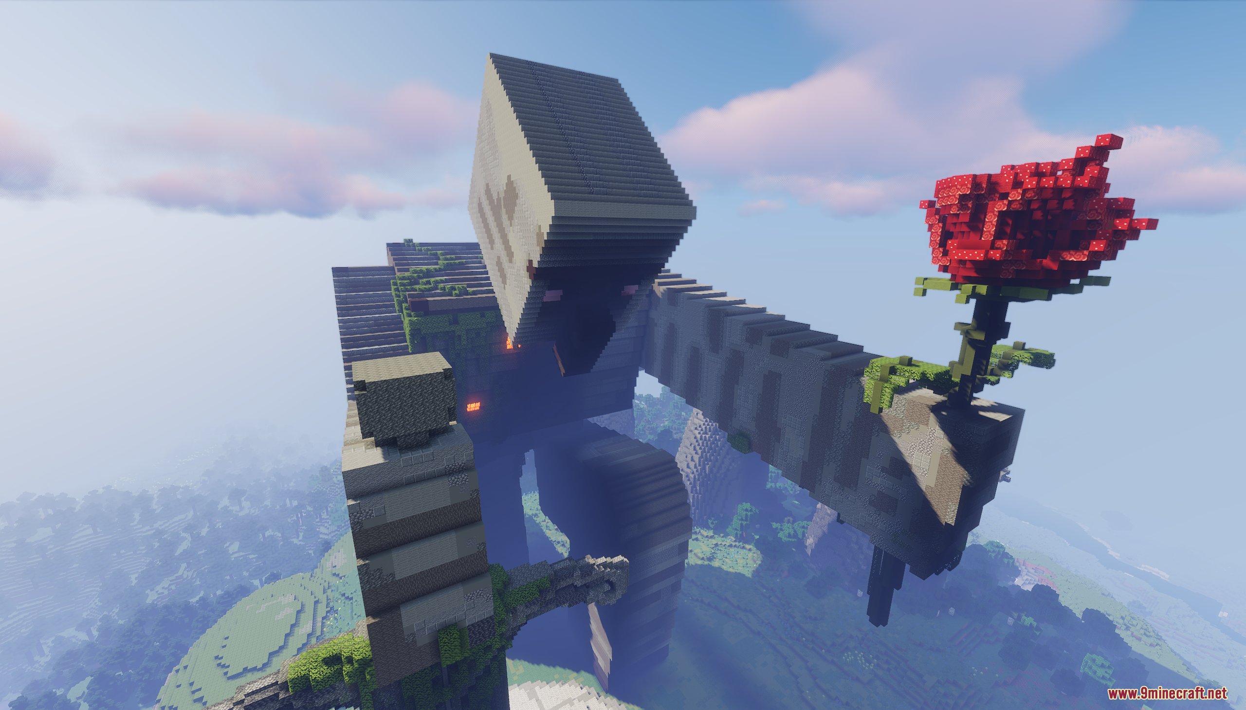 Massive iron golem statue looking down at a giant red rose it holds