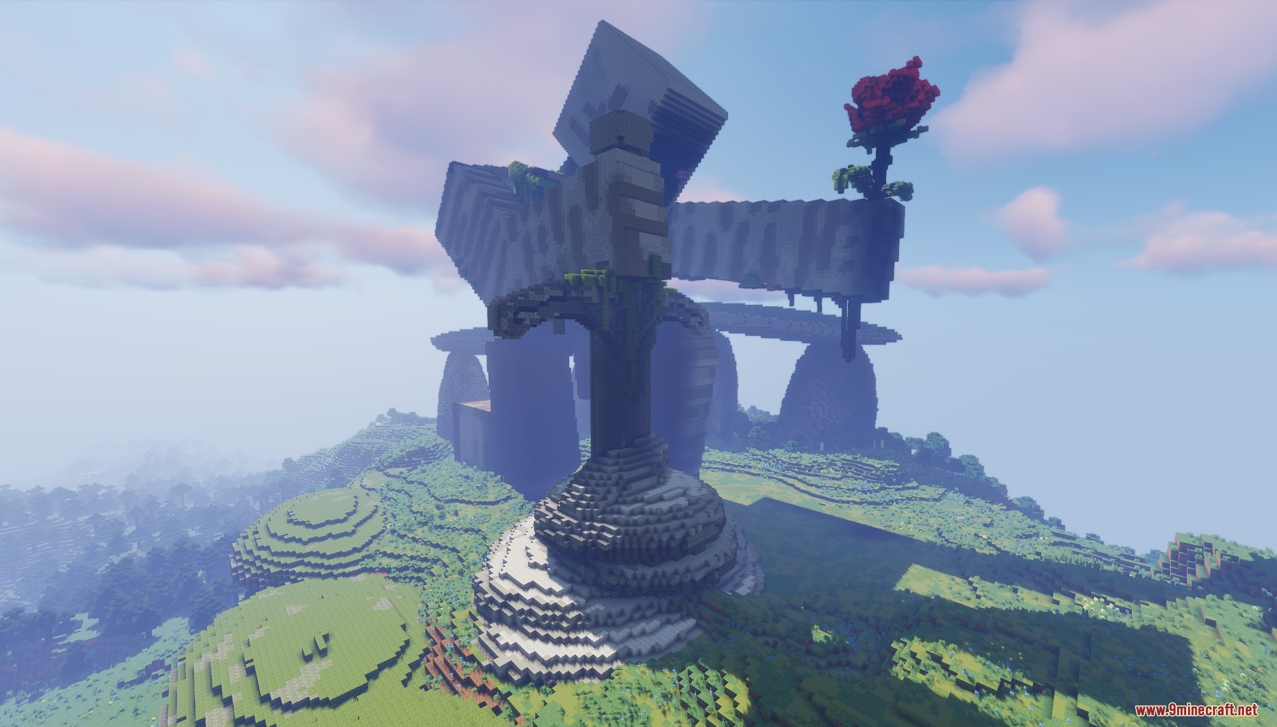 Giant iron golem statue holding a red rose and a massive stone sword