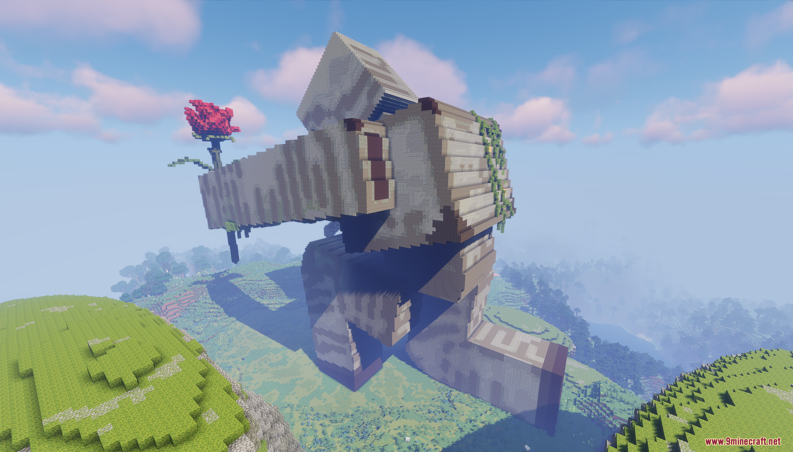 Massive Iron Golem statue holding a giant red rose in a grassy field