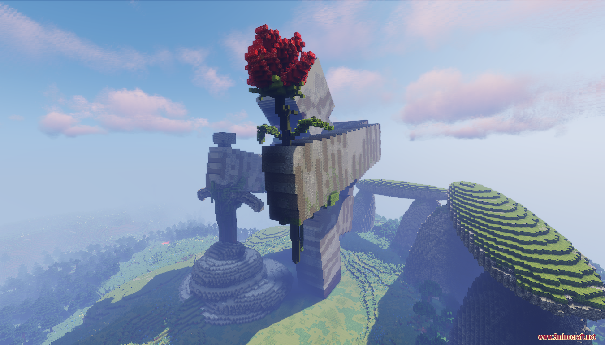 Giant Iron Golem holding a red rose in Minecraft world