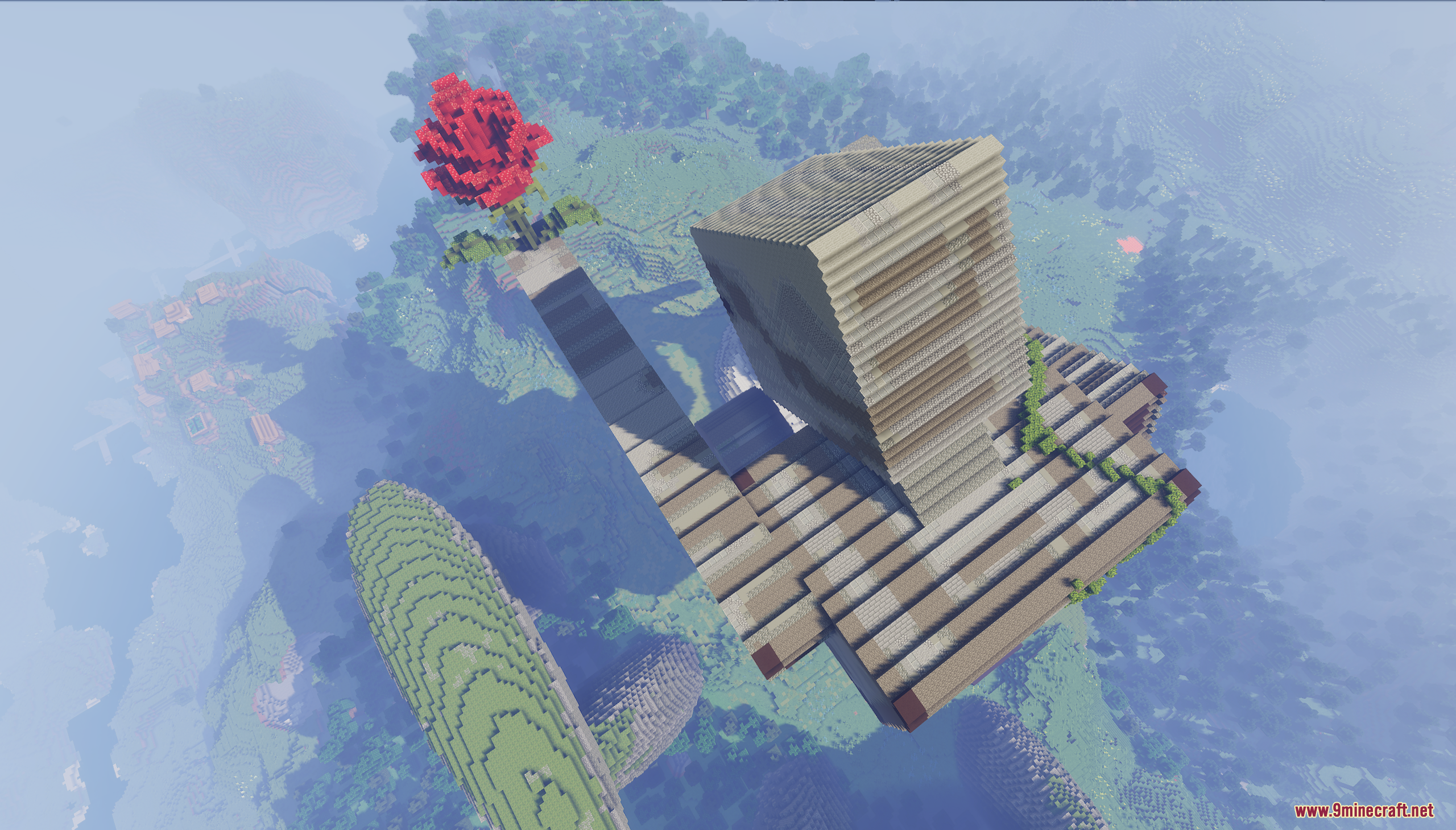 Aerial view of a giant iron golem statue holding a red rose