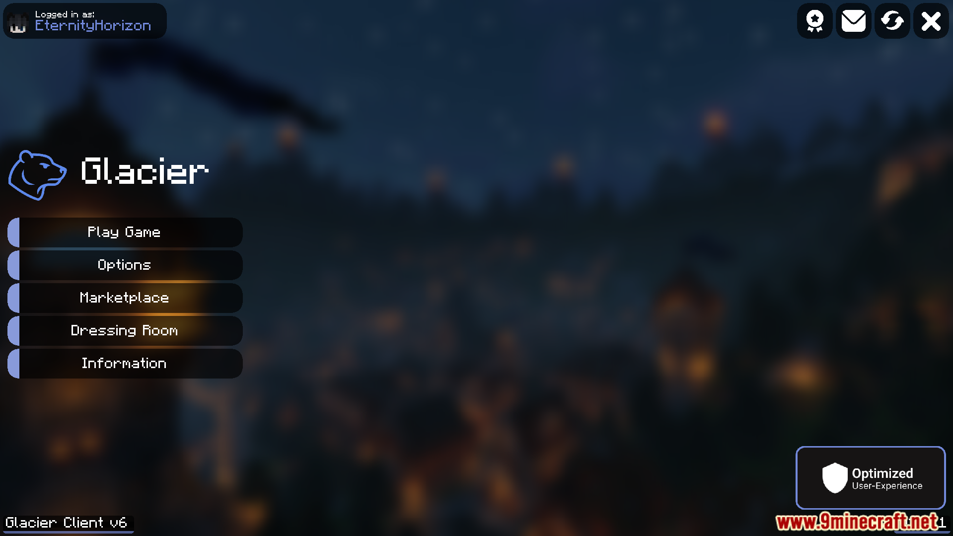 Glacier Client V6 main menu with custom buttons and background