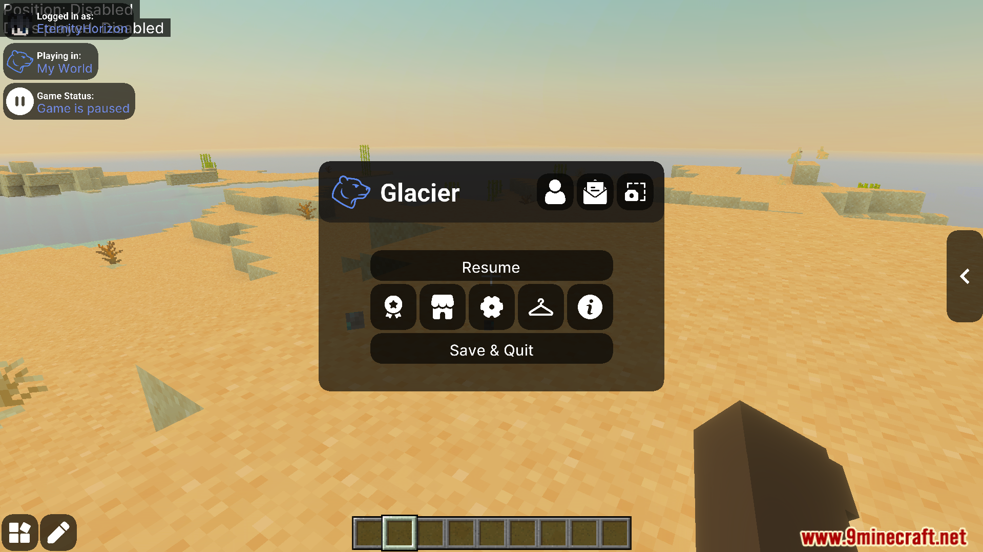 Glacier Client pause menu with custom icons and layout