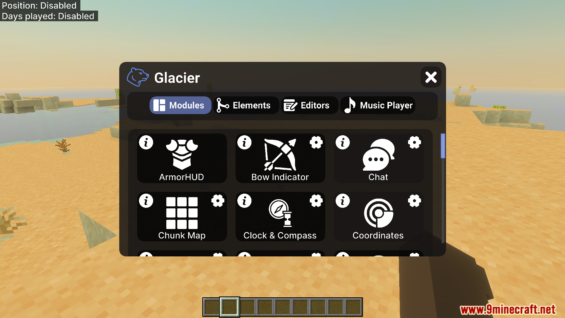 Glacier Client V6 Texture Pack menu showing modules like ArmorHUD and Chunk Map
