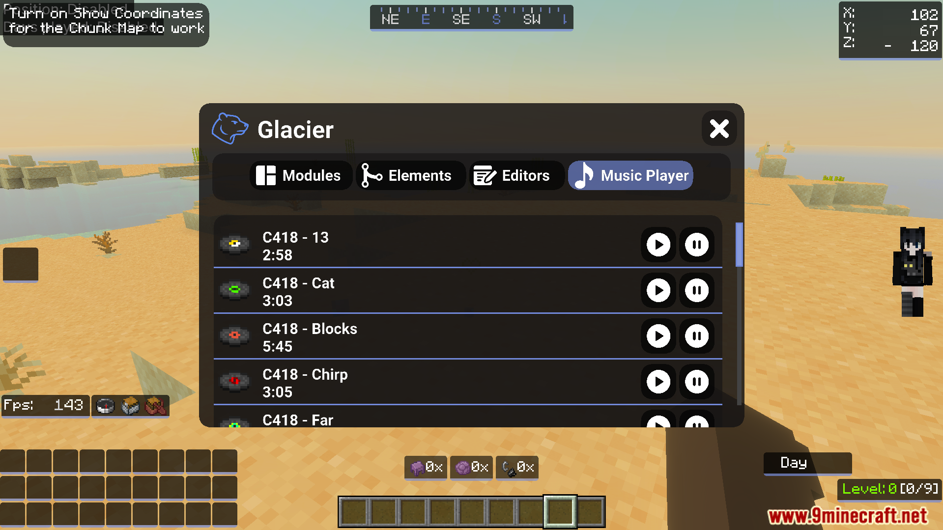 Music player interface in Glacier Client V6 Texture Pack with C418 tracks