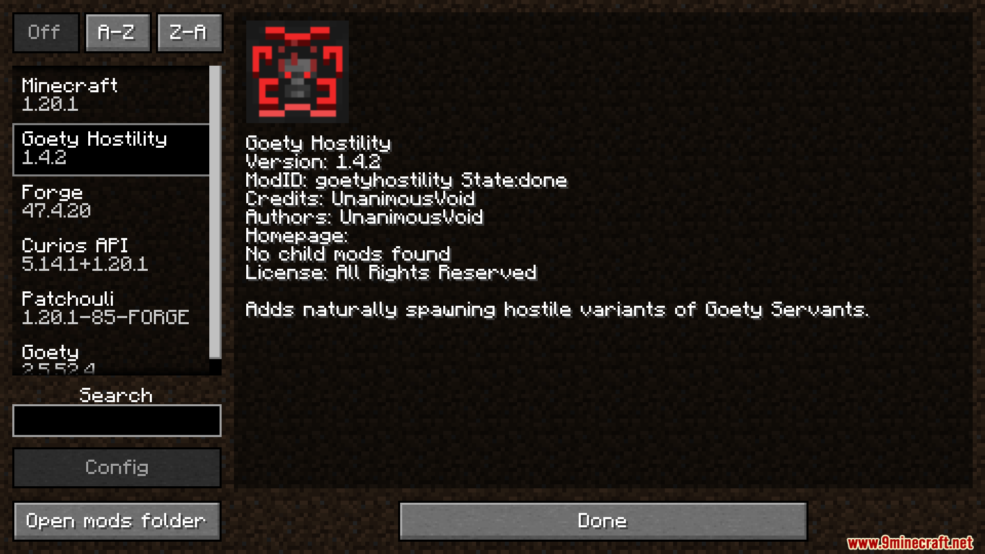 Goety Hostility mod information in the mods menu