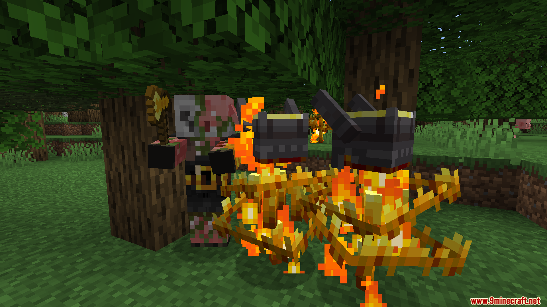 Wildfire minibosses burning next to a zombie piglin