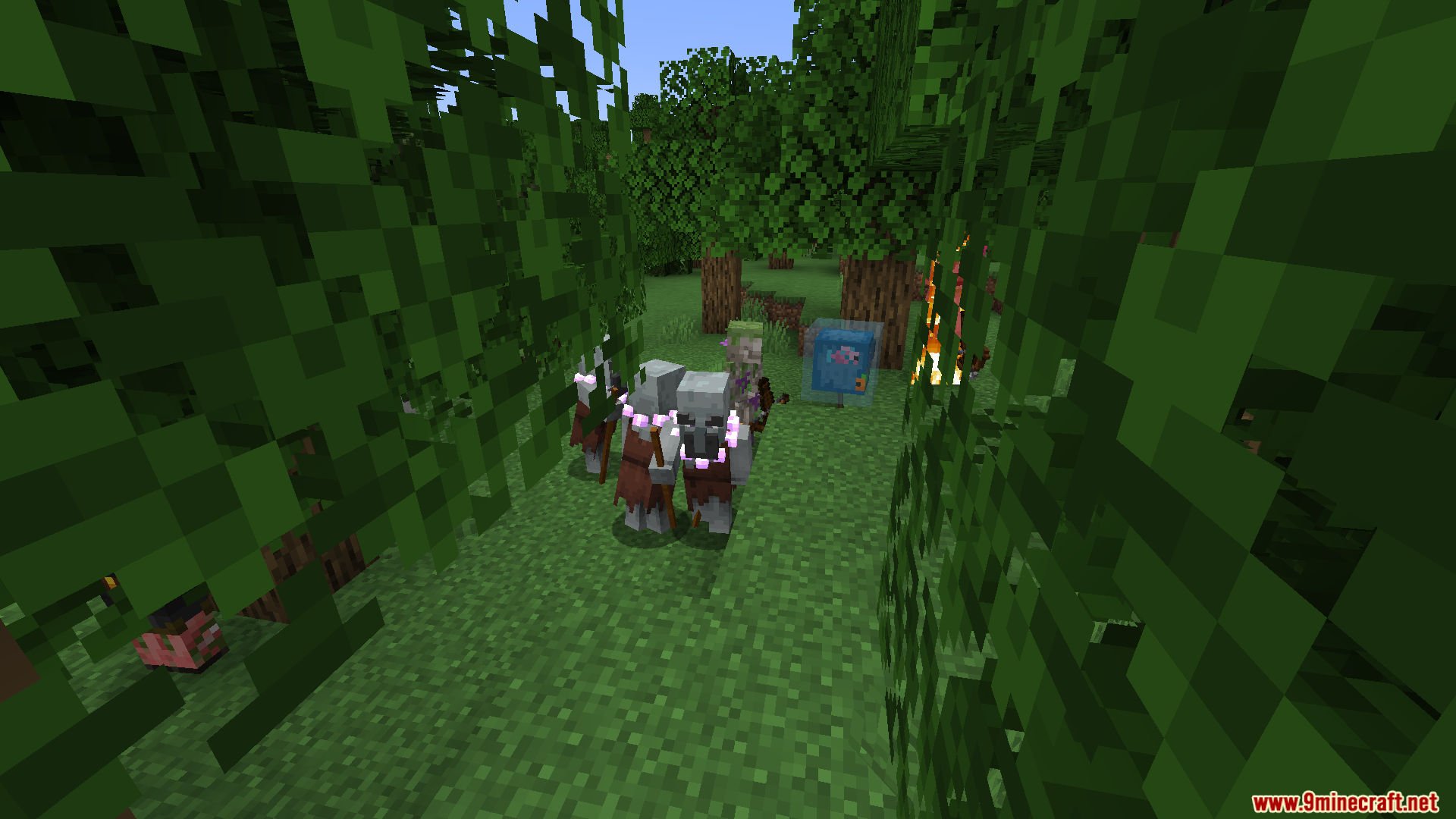 Various hostile mobs gathering in a dense jungle