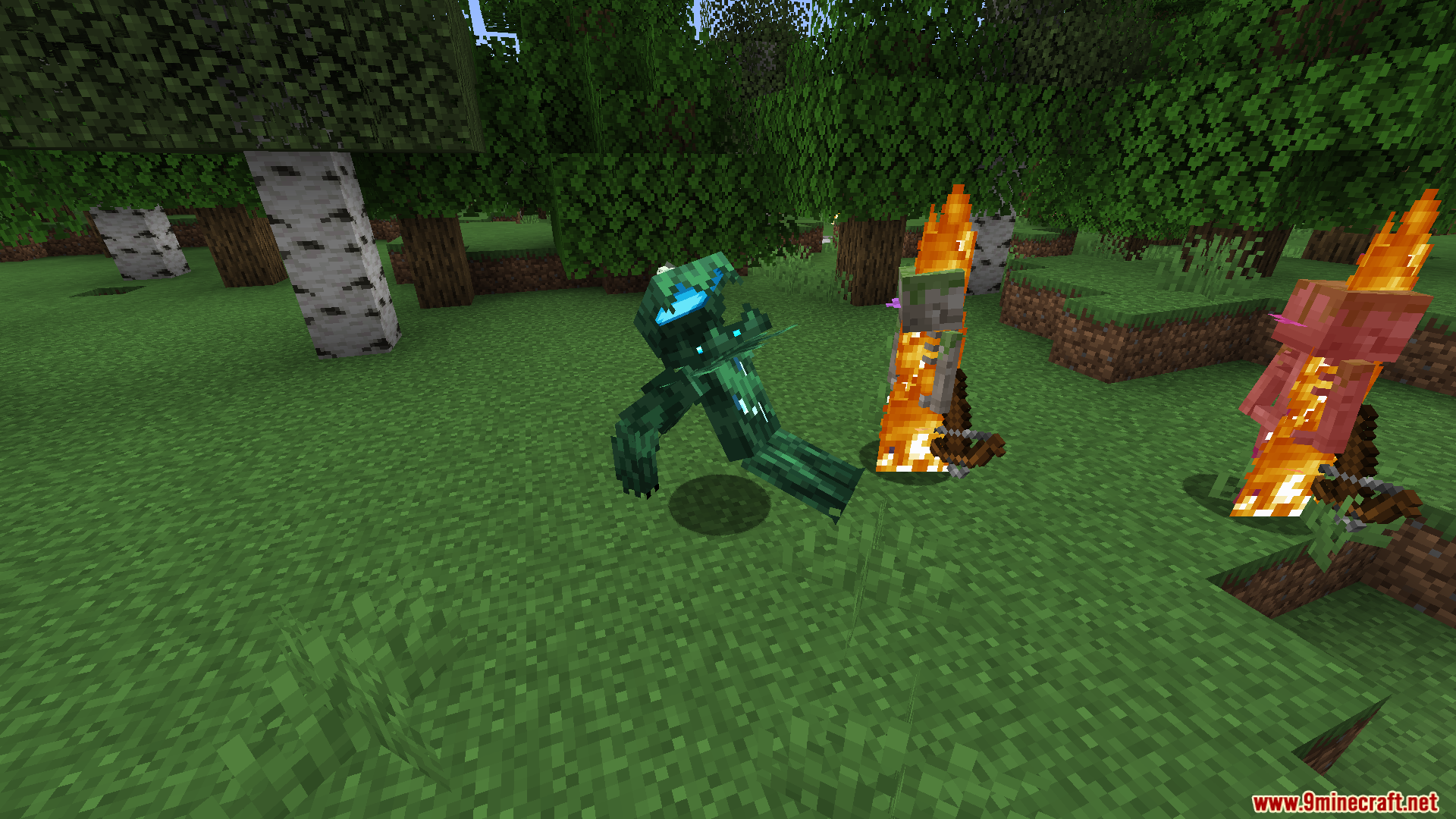 A green Leapleaf mob attacks two fiery Wildfires