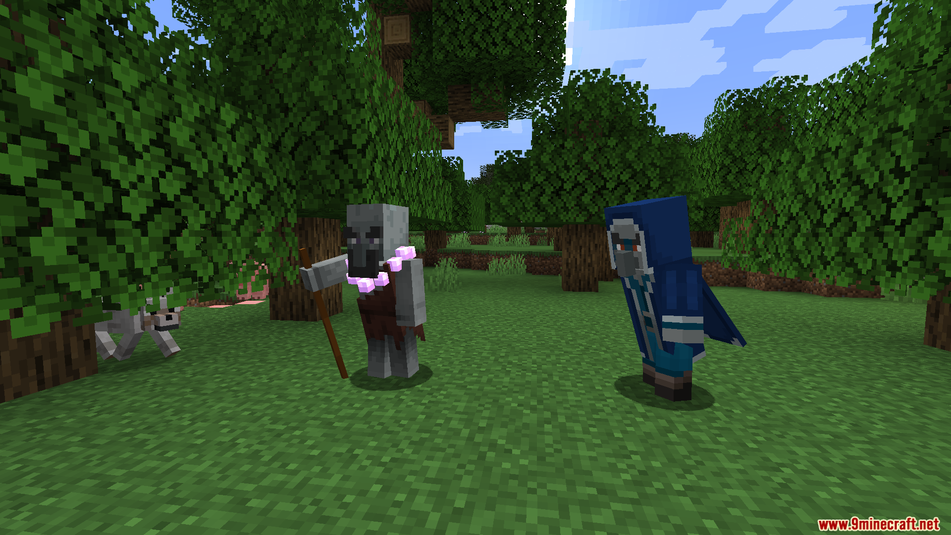 Hostile magic-using mobs wandering in a green forest