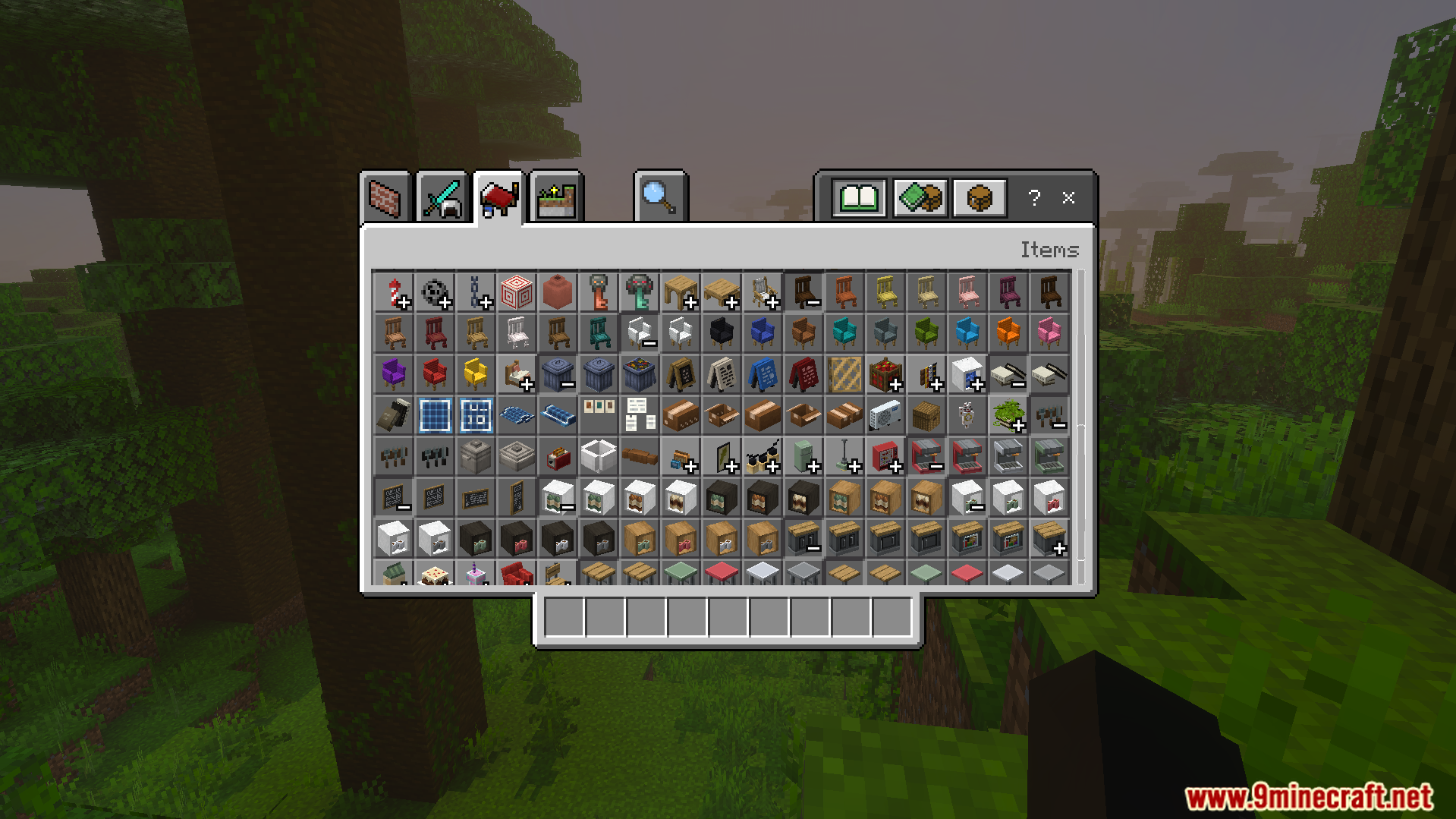 Gooblideco MCPE/Bedrock Mods & Addon Screenshot 1 creative inventory menu displaying many new decorative blocks and furniture items