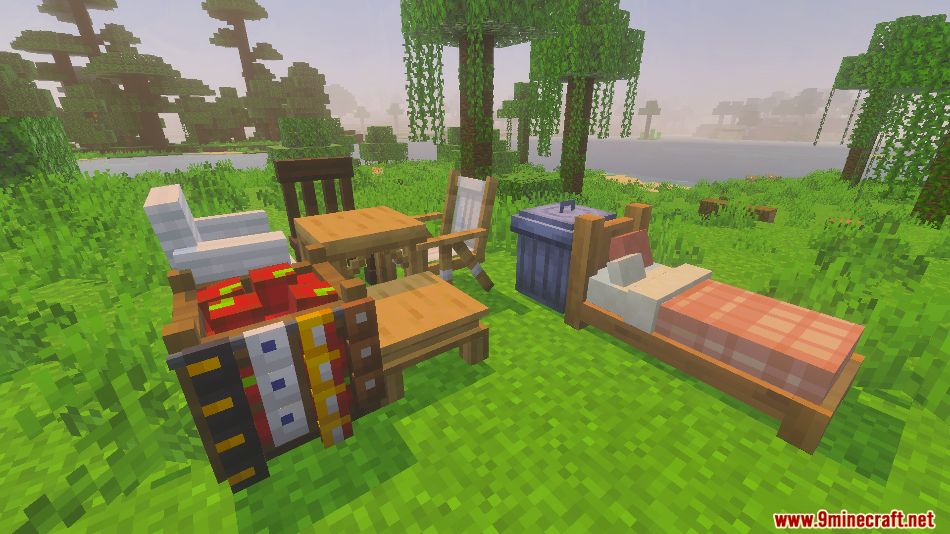 Gooblideco MCPE/Bedrock Mods & Addon Screenshot 2 outdoor area showing placed decorative furniture like beds chairs and tables