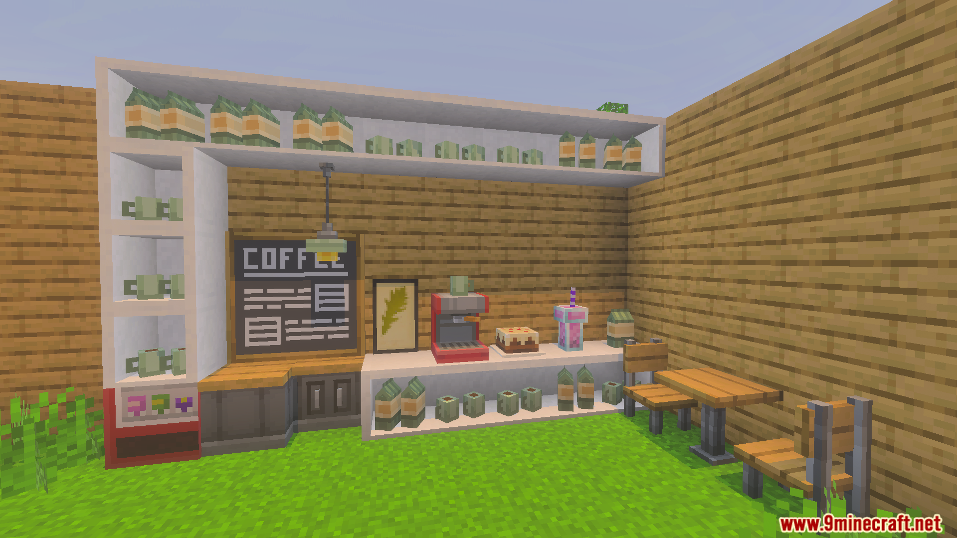 Gooblideco MCPE/Bedrock Mods & Addon Screenshot 4 store building interior featuring a coffee menu board espresso machine and wooden chairs