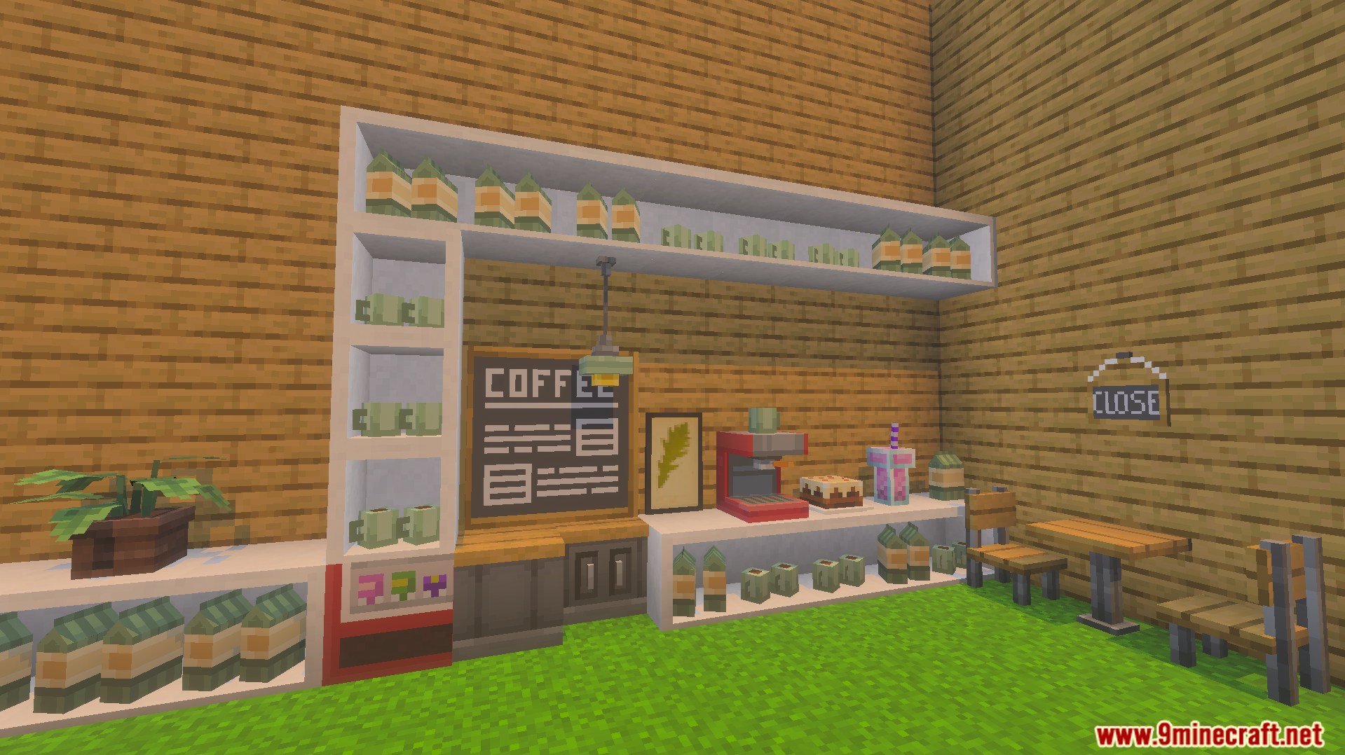 Gooblideco MCPE/Bedrock Mods & Addon Screenshot 5 Coffee shop interior with menu board and seating area