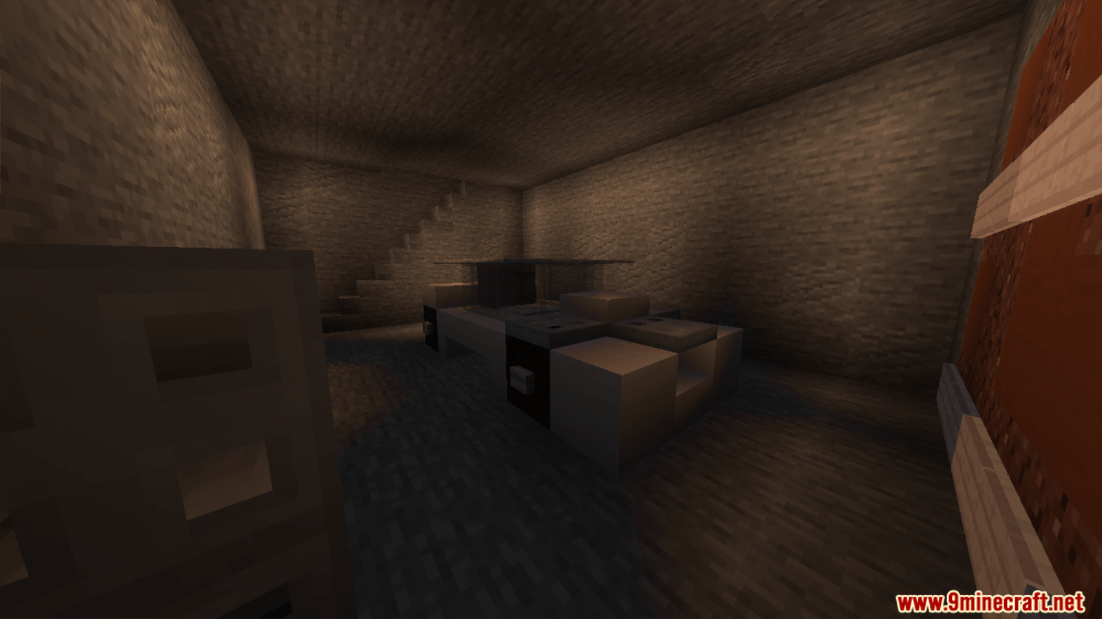 The scary house includes a detailed garage area to explore