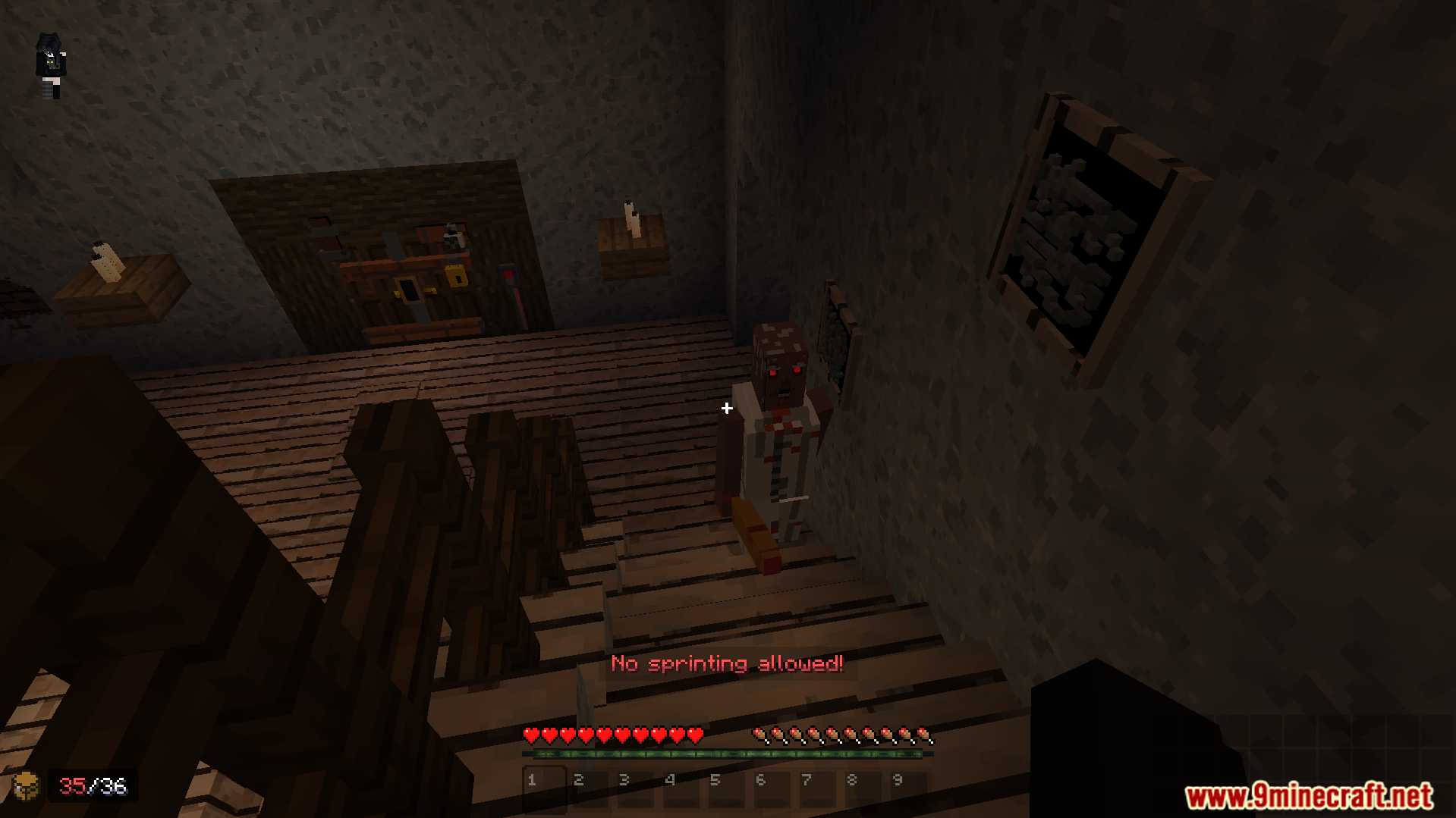 The scary grandma enemy stands on the stairs hunting players