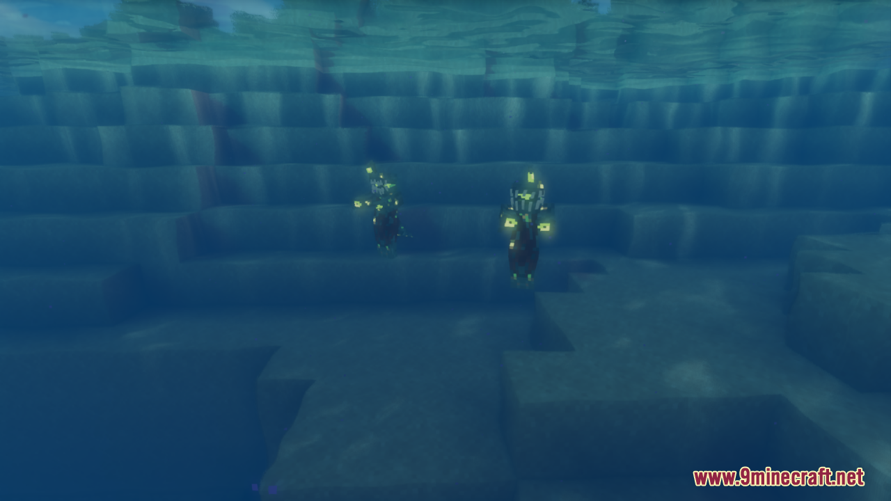 Two Drowned mobs with glowing green eyes swimming underwater in the ocean