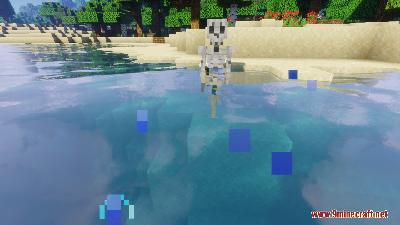 Custom skeleton mob model standing in the shallow water near a sandy beach