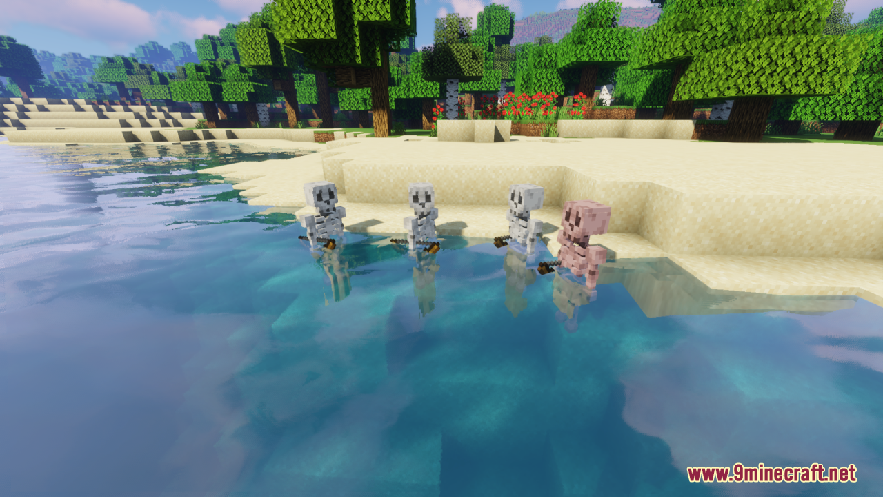 Four skeletons with detailed models standing in shallow water near a beach
