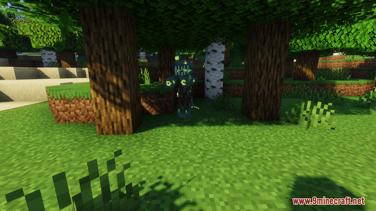 A custom zombie mob with glowing green spots standing in a sunny forest