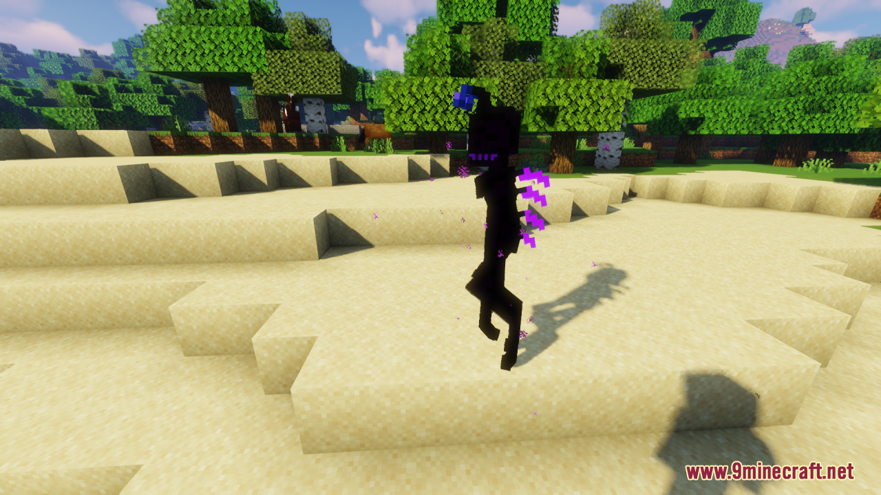Custom Enderman model with purple particles standing on a sandy beach