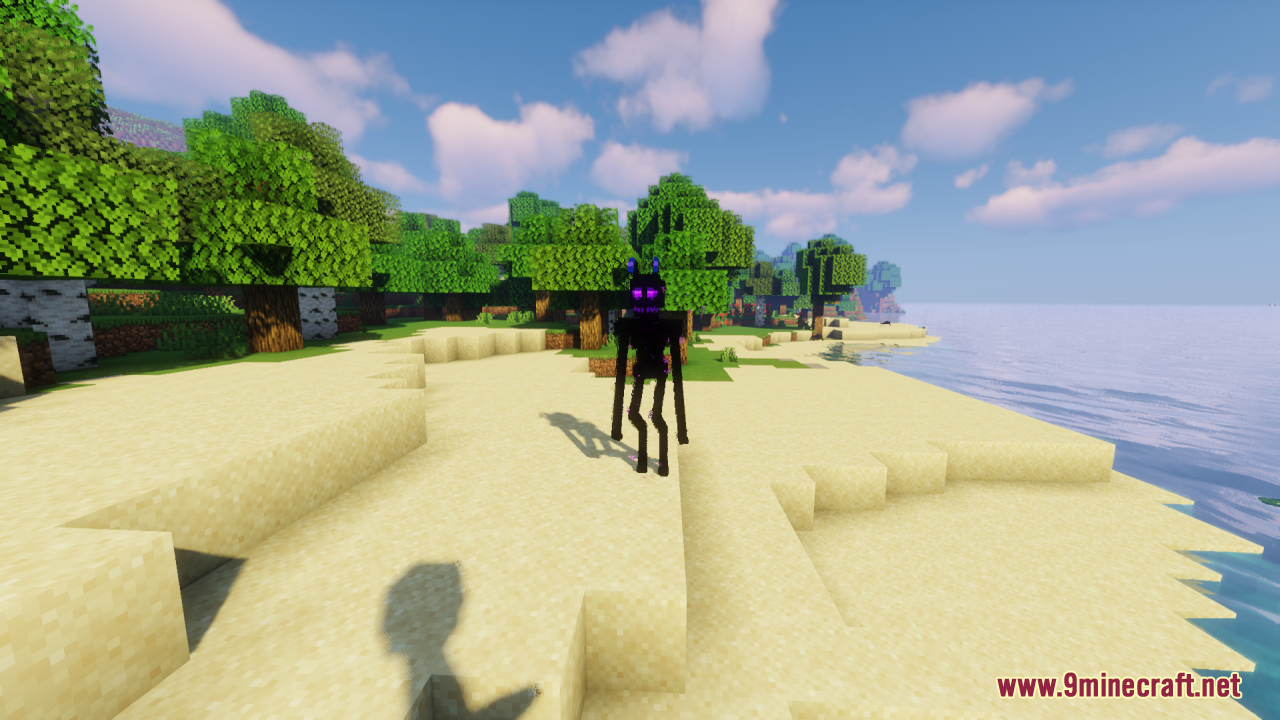 Front view of a modified Enderman with glowing purple eyes on sand