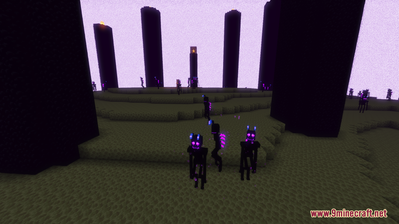 Custom Enderman models with glowing purple eyes in the End dimension