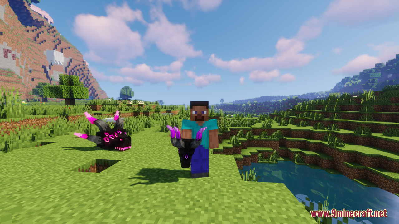 Player holding a custom black monster head with glowing purple horns