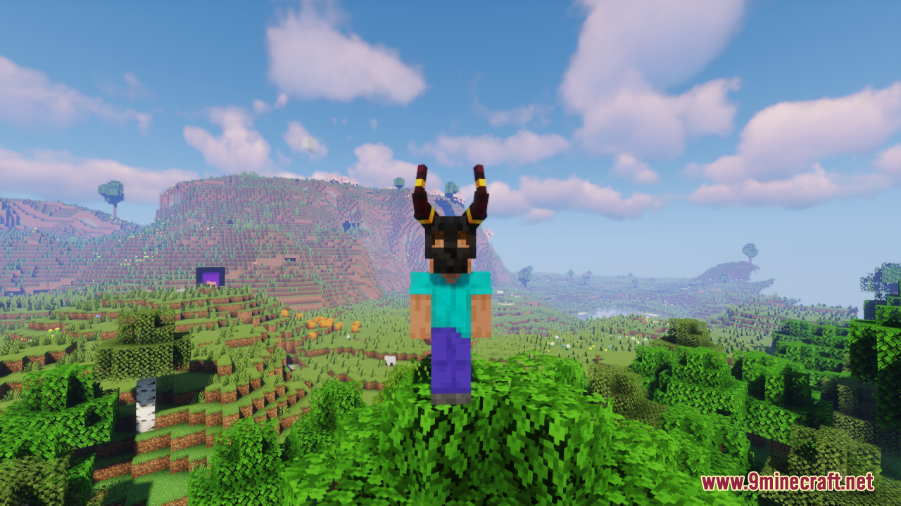 Player wearing a custom dark horned mask standing on a tree top
