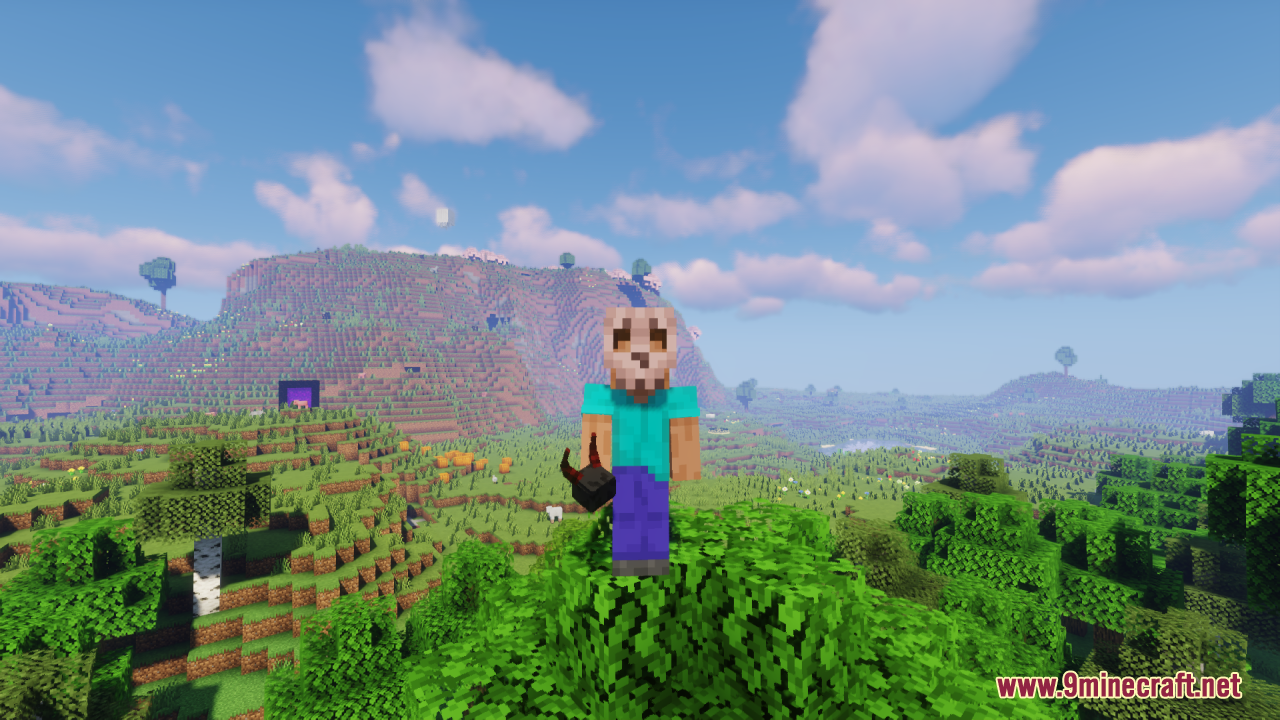Player wearing a custom skeleton mask holding a dark skull in a forest