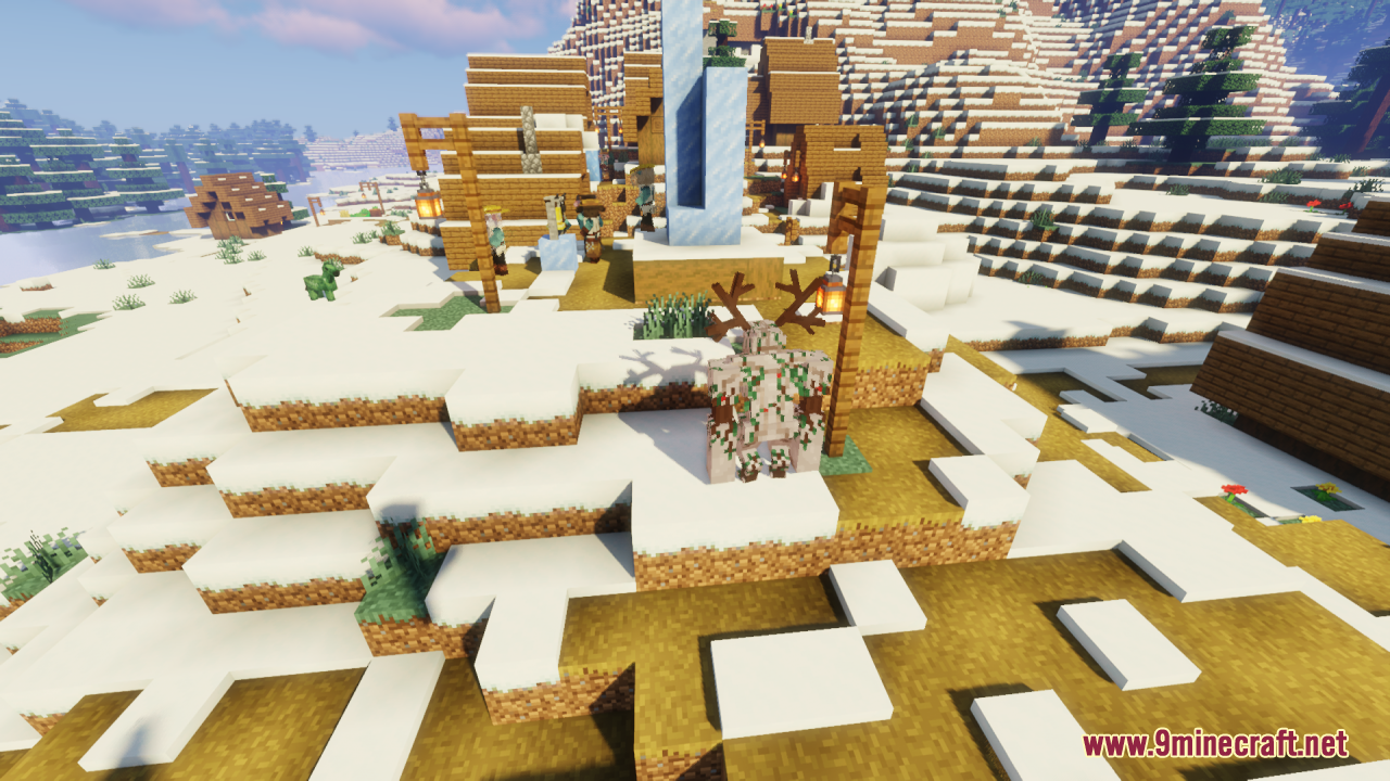 Custom iron golem with antlers standing in a snowy village near villagers